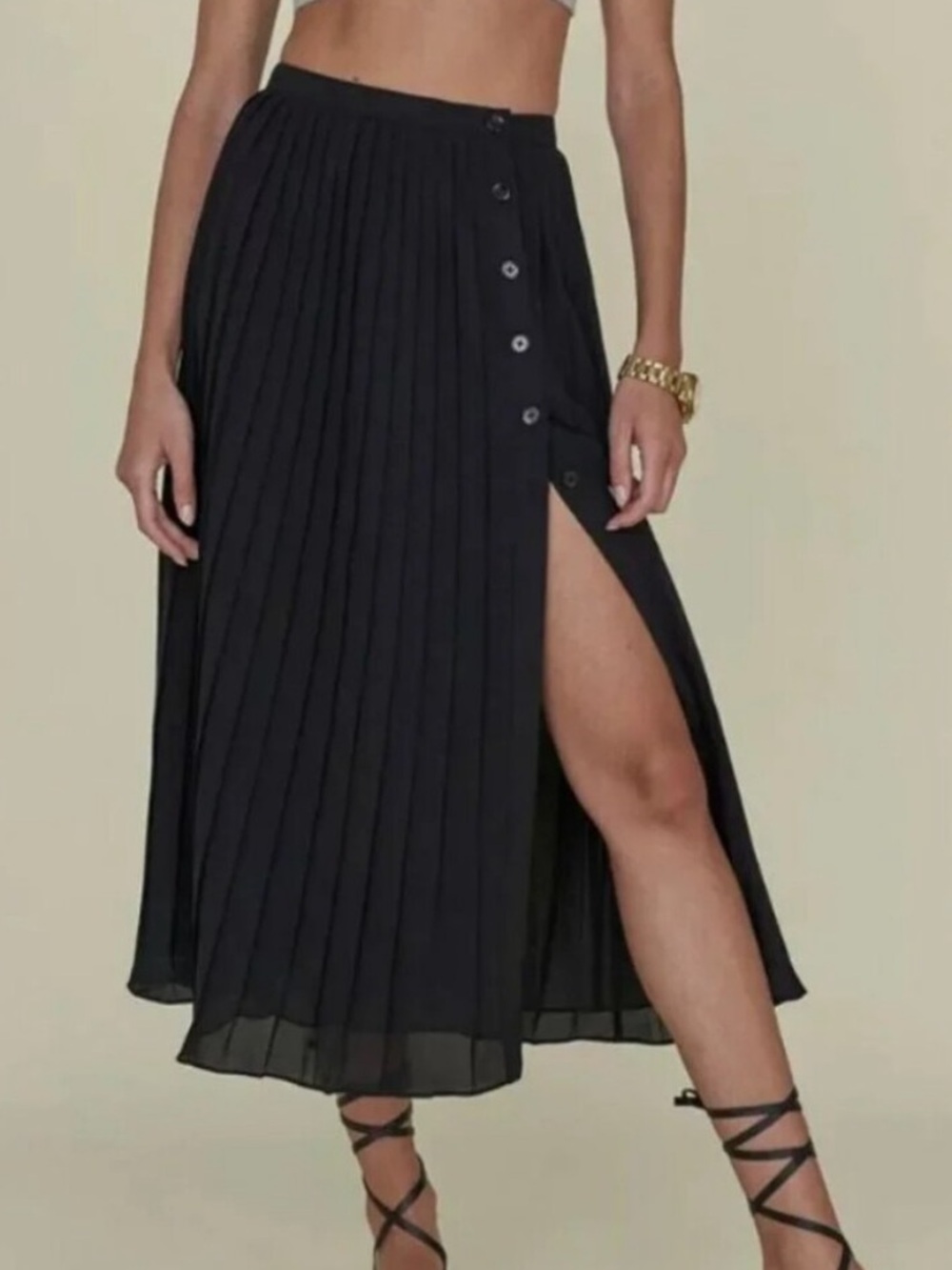 Black Pleated Button-Front Midi Skirt